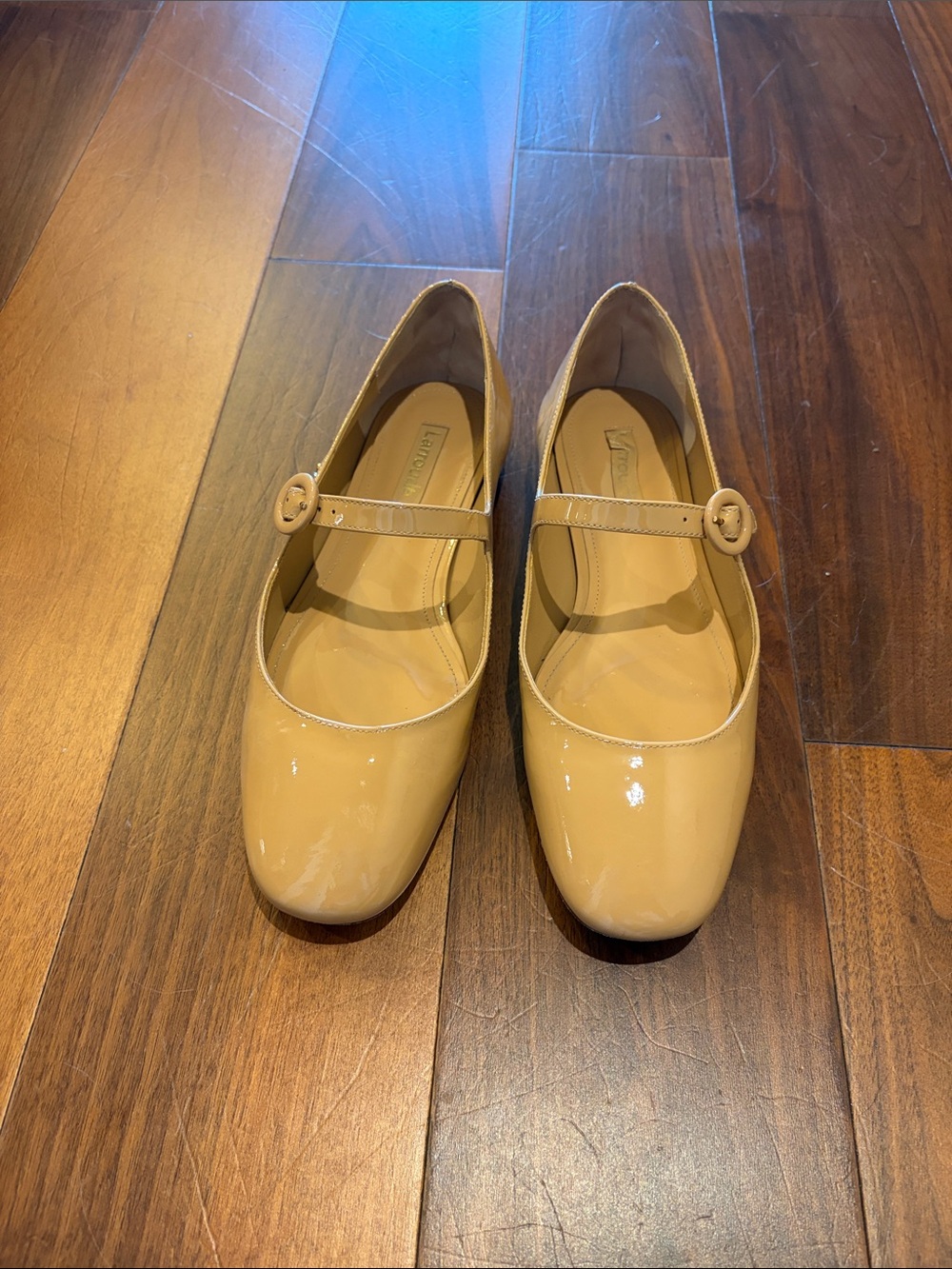 Larroude Patent Mary Jane Flats in Beige